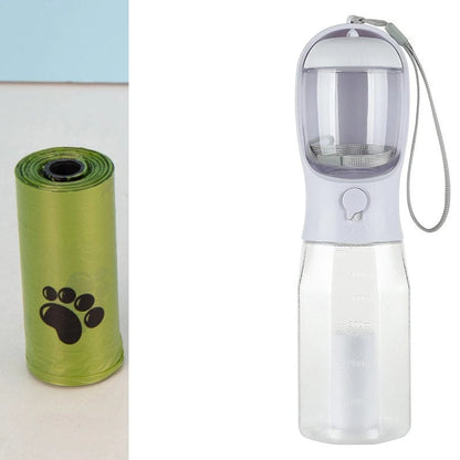 3-in-1 Portable Dog Water Bottle with Food Container, Waste Bag Dispenser & Built-In Filtration – 600ml, BPA-Free, Leak-Proof
