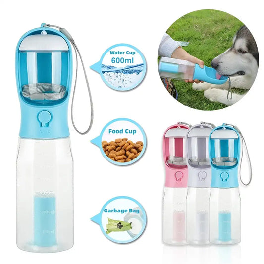 3-in-1 Portable Dog Water Bottle with Food Container, Waste Bag Dispenser & Built-In Filtration – 600ml, BPA-Free, Leak-Proof