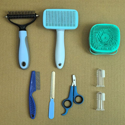 8-in-1 Dog Grooming Kit – Complete Self-Cleaning Pet Grooming Set (Blue & Pink)