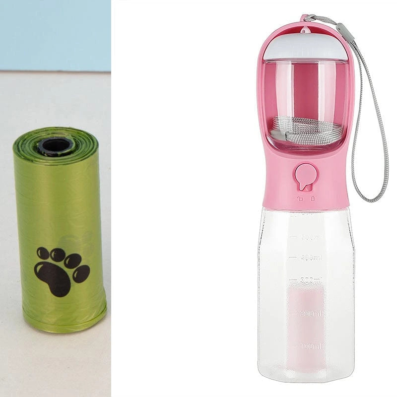 3-in-1 Portable Dog Water Bottle with Food Container, Waste Bag Dispenser & Built-In Filtration – 600ml, BPA-Free, Leak-Proof