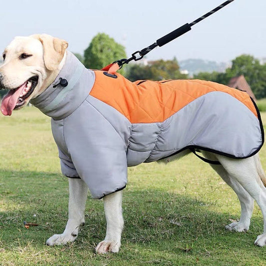 Dog Winter Coat – Waterproof, Windproof, Reflective & Warm Jacket for Medium to Large Dogs with Fleece Lining, High Collar & D-Ring Leash Clip – Grey/Orange