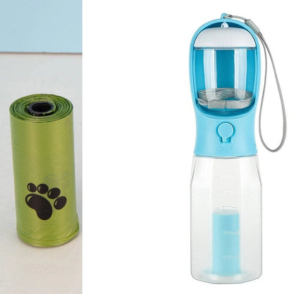 3-in-1 Portable Dog Water Bottle with Food Container, Waste Bag Dispenser & Built-In Filtration – 600ml, BPA-Free, Leak-Proof