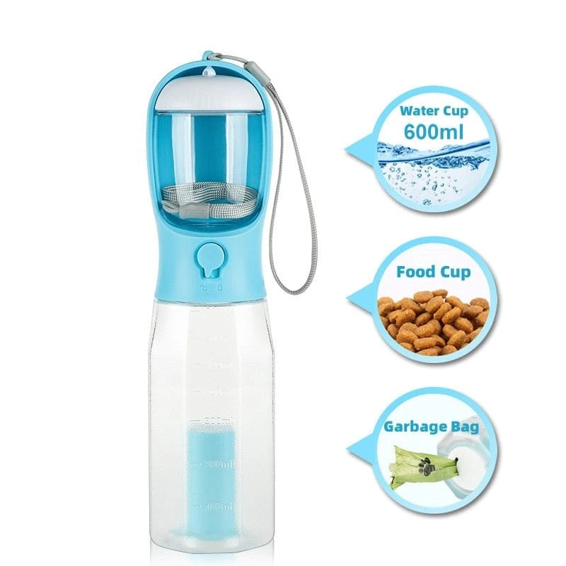 3-in-1 Portable Dog Water Bottle with Food Container, Waste Bag Dispenser & Built-In Filtration – 600ml, BPA-Free, Leak-Proof